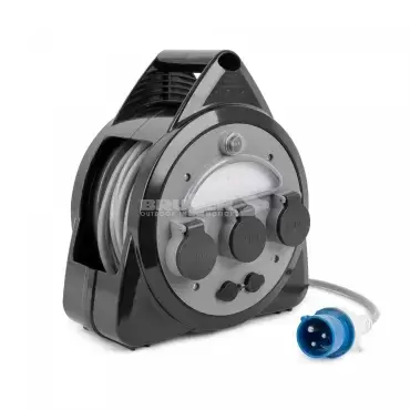 Alargadera Brunner 15 metros con 3 conexiones Schuko, 2 puertos USB y luz integrada para autocaravana, caravana y camper.