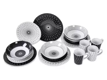 Vajilla de melamina premium en blanco y negro para 4 personas, 16 uds, camping caravaning.